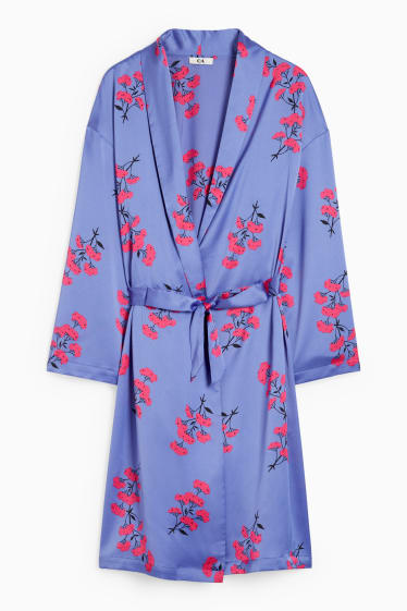 Dámské - Saténové kimono - s květinovým vzorem - fialová