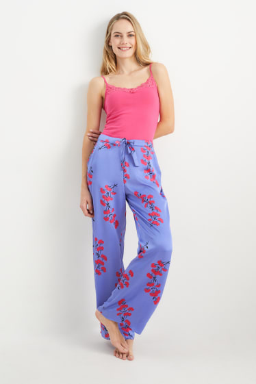 Mujer - Pantalón de pijama de raso - de flores - lila