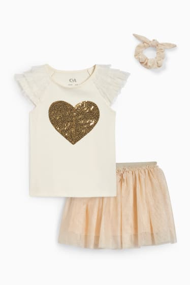 Niños - Conjunto - camiseta de manga corta, falda y coletero - 3 piezas - beige claro