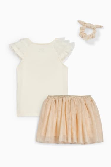 Dzieci - Zestaw - koszulka z krótkim rękawem, spódnica i tekstylna gumka do włosów - 3 części - jasny beż