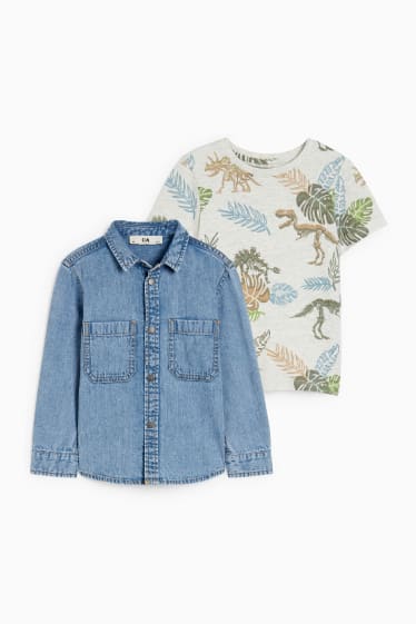 Dětské - Motiv dinosaura - souprava - džínová košile a tričko s krátkým rukávem - džíny - světle modré