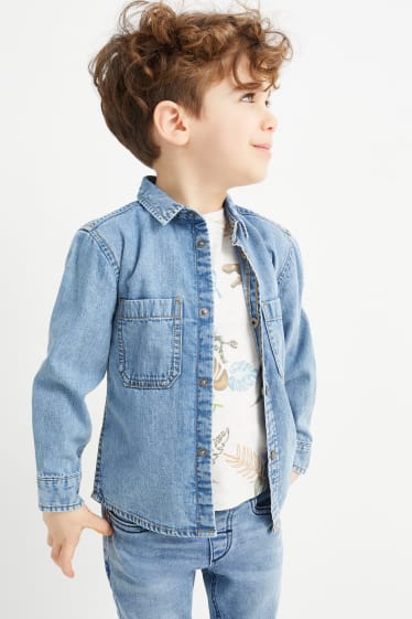 Dětské - Motiv dinosaura - souprava - džínová košile a tričko s krátkým rukávem - džíny - světle modré