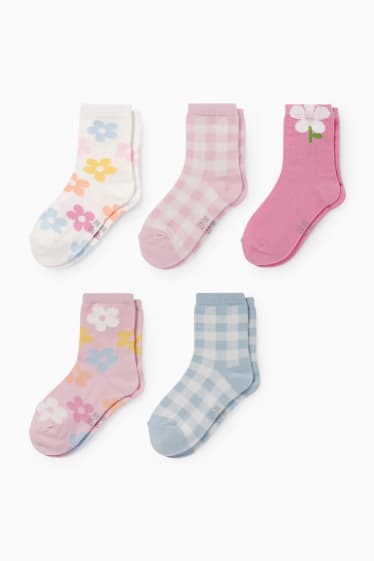 Enfants - Lot de 5 paires - fleurs - chaussettes à motif - rose