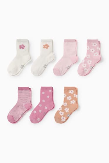 Kinderen - Set van 7 paar - bloemen en strepen - sokken met motief - roze