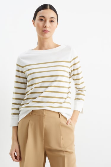 Women - Long sleeve top - striped - brown / cremewhite
