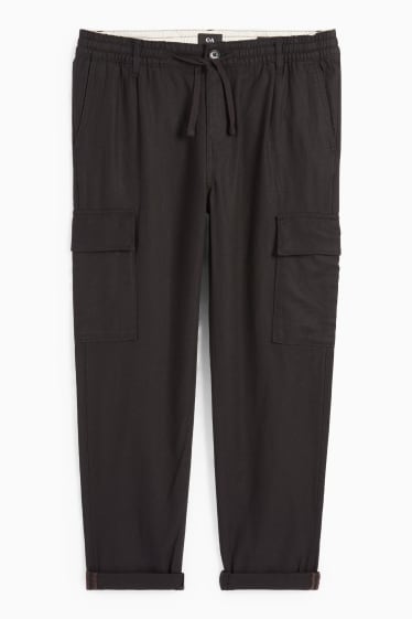 Hommes - Pantalon cargo - tapered fit - lin mélangé - noir