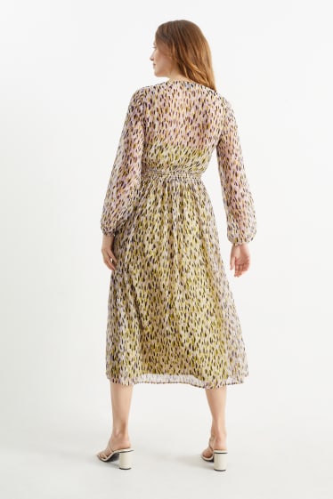 Damen - Fit & Flare Kleid mit V-Ausschnitt - gemustert - hellbeige