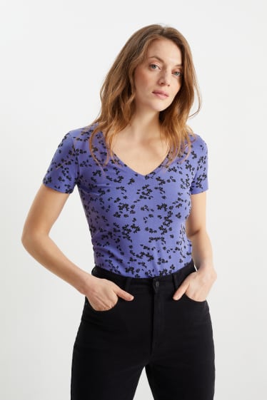 Dámské - Tričko basic - s květinovým vzorem - fialová