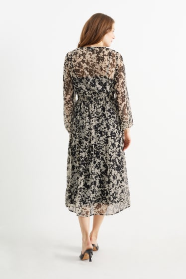 Dámské - Šaty fit & flare s výstřihem ve tvaru V - s květinovým vzorem - černá/béžová