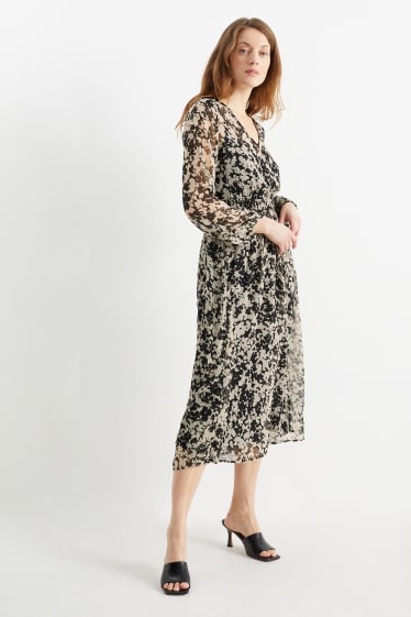Damen - Fit & Flare Kleid mit V Ausschnitt - geblümt - schwarz / beige