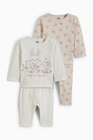 Babys - Set van 2 - konijntjes - baby-pyjama - 4-delig - licht beige