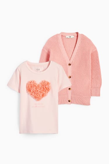 Children Girls - Set - heart - short sleeve T-shirt and cardigan - 2 piece - rose