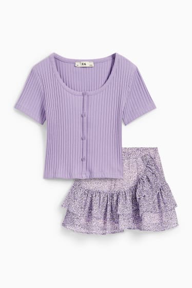 Copii - Floare - set - tricou cu mânecă scurtă și fustă - 2 piese - violet deschis