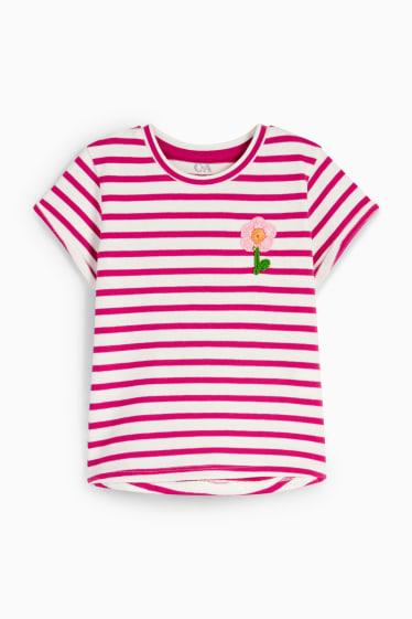 Kinder - Blume - Kurzarmshirt - gestreift - weiss / rosa
