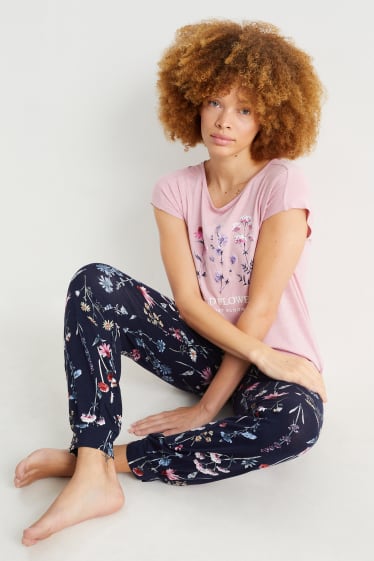 Dámské - Viskózové pyžamo - s květinovým vzorem - růžová