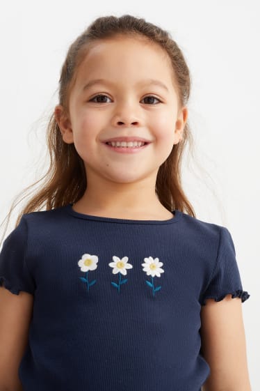 Kinderen - Set van 2 - bloemen - T-shirt - donkerblauw