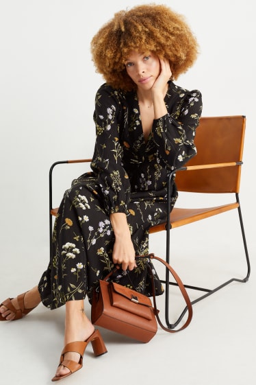 Women - V-neck empire dress - floral - black