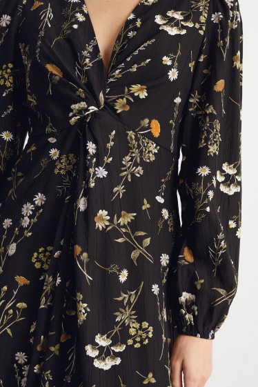 Women - V-neck empire dress - floral - black