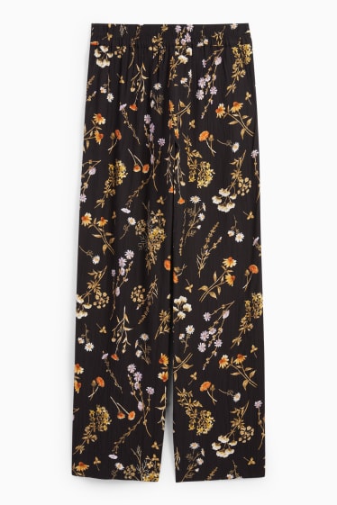 Femei - Pantaloni de stofă - talie înaltă - wide leg - cu flori - negru