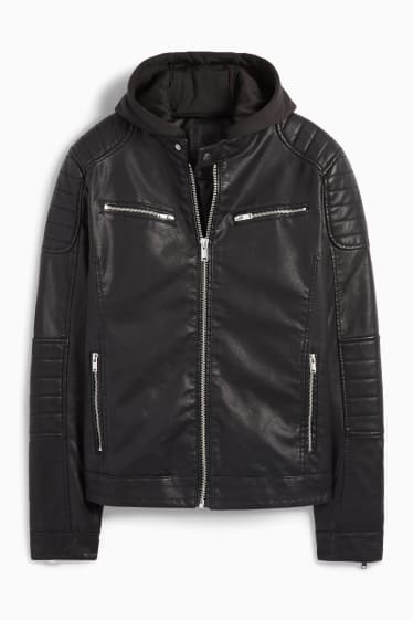 Pánské - Motorkářská bunda s kapucí - imitace kůže - černá