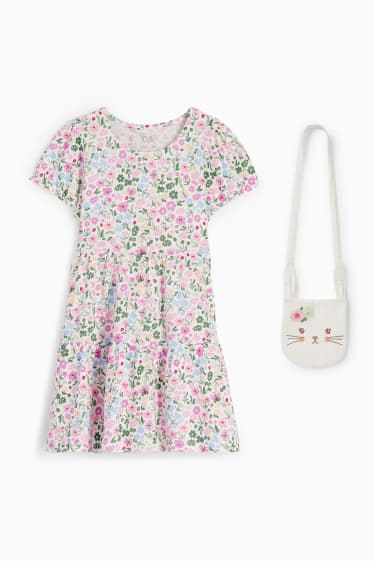 Enfants - Ensemble - robe et sac - 2 pièces - à fleurs - rose / vert foncé