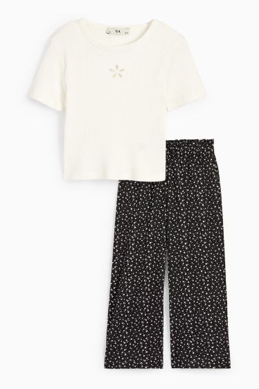 Enfants - Fleurs - ensemble - T-shirt et pantalon de toile - 2 pièces - noir
