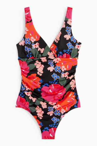 Dámské - Jednodílné dámské plavky - s vycpávkami - LYCRA® XTRA LIFE™ - s květinovým vzorem - černá