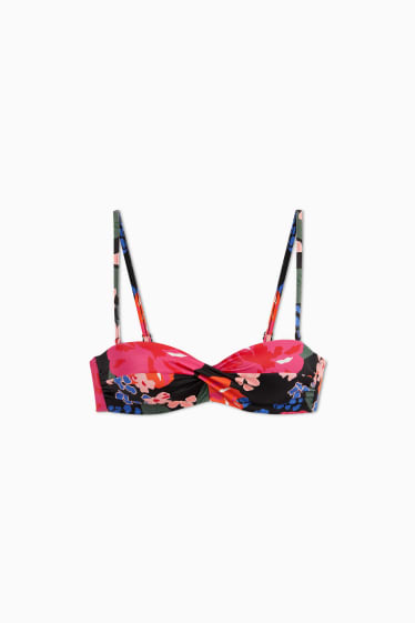 Donna - Top bikini con ferretti - bandeau - imbottito - a fiori - nero