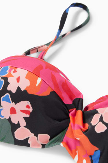 Mujer - Top de bikini con aros - bandeau - con relleno - de flores - negro