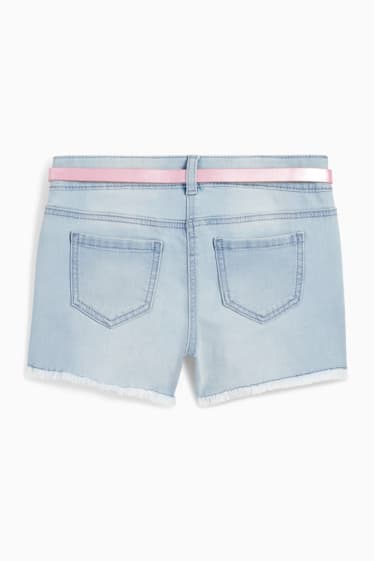 Children - Floral - denim shorts with belt - denim-light blue