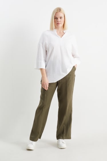 Mujer - Pantalón de lino - mid waist - slim fit - caqui