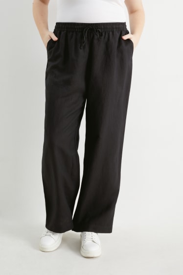 Kobiety - Spodnie materiałowe - średni stan - wide leg - miks lniany - czarny