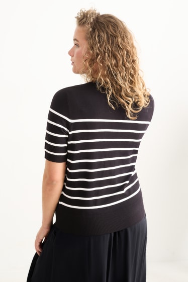 Women - Basic knitted jumper - short sleeve - striped - black