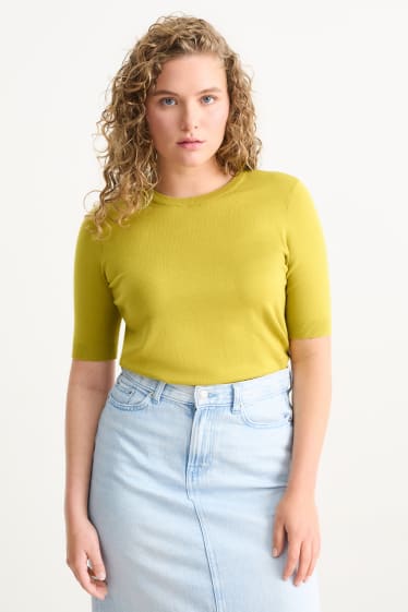 Women - Basic knitted jumper - short sleeve - yellow