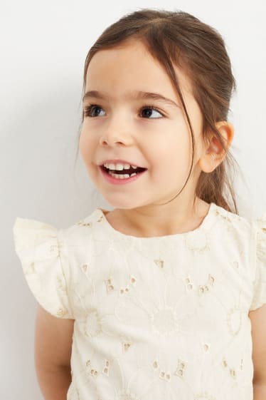 Kinder - Kleid mit Gürtel - geblümt - cremeweiß