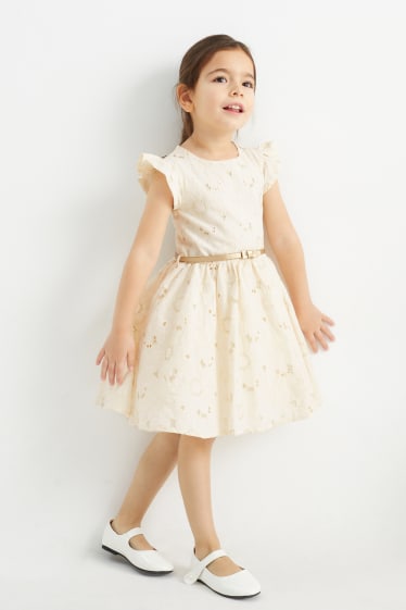 Kinder - Kleid mit Gürtel - geblümt - cremeweiß