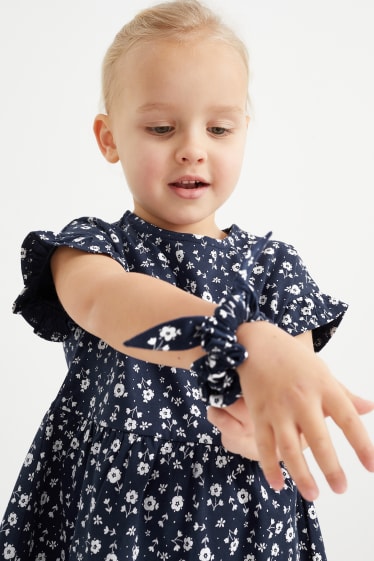 Kinder - Set - Kleid und Scrunchie - 2 teilig - geblümt - dunkelblau