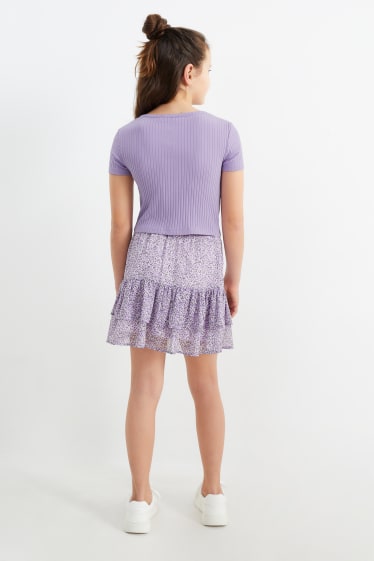 Niños - Flores - conjunto - camiseta de manga corta y falda - 2 piezas - violeta claro