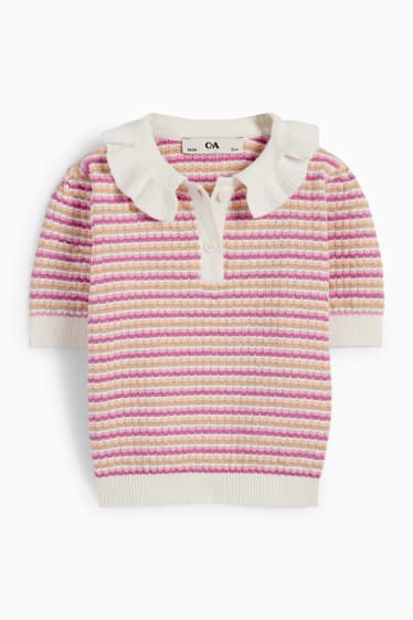 Kinderen - Gebreide trui - korte mouwen - gestreept - roze