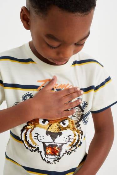 Dzieci - Tygrys - koszulka z krótkim rękawem - efekt połysku - w paski - kremowobiały