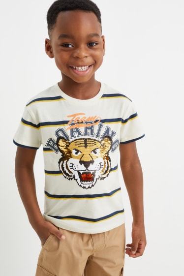 Kinder - Tiger - Kurzarmshirt - Glanz-Effekt - gestreift - cremeweiss
