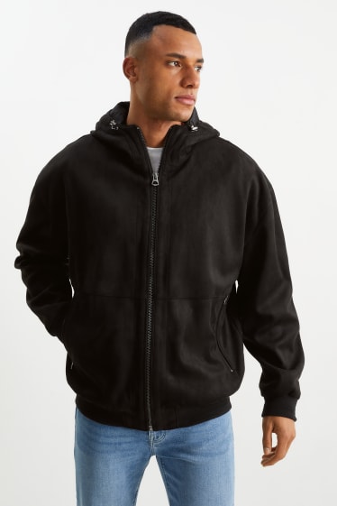 Men - Bomber jacket with hood - faux suede - black