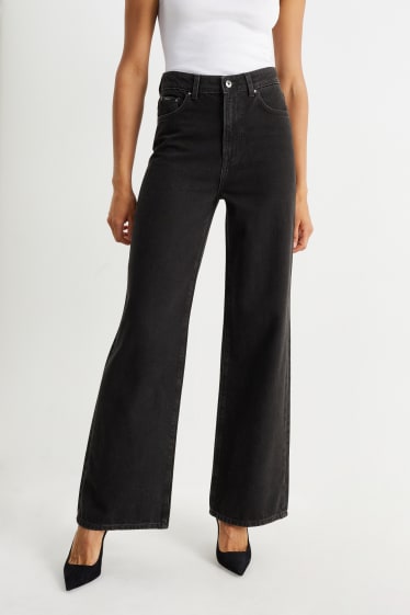 Women - Wide leg jeans - high waist - denim-dark gray