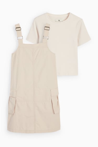 Children - Set - short sleeve T-shirt and cargo pinafore dress - 2 piece - light beige