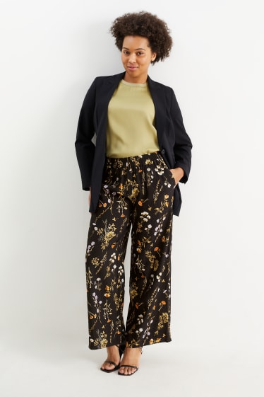 Kobiety - Spodnie materiałowe - wysoki stan - wide leg - w kwiaty - czarny