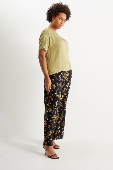 Femei - Pantaloni de stofă - talie înaltă - wide leg - cu flori - negru