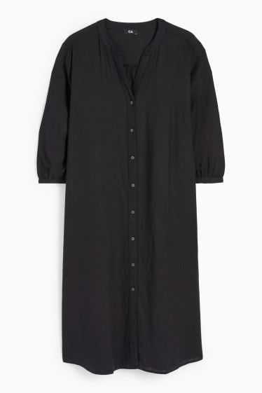Dámské - Halenkové šaty s výstřihem ve tvaru V - lněná směs - černá