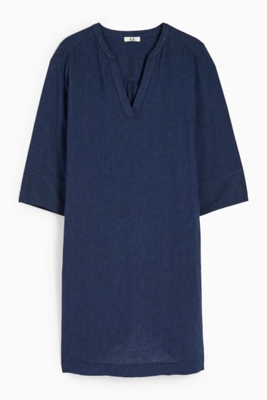 Mujer - Vestido túnica con escote en pico - mezcla de lino - azul oscuro