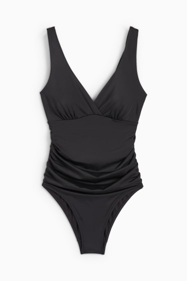 Dámské - Jednodílné dámské plavky s řasením - s vycpávkami - tvarující efekt - černá