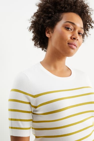 Women - Basic knitted jumper - short sleeve - striped - cremewhite